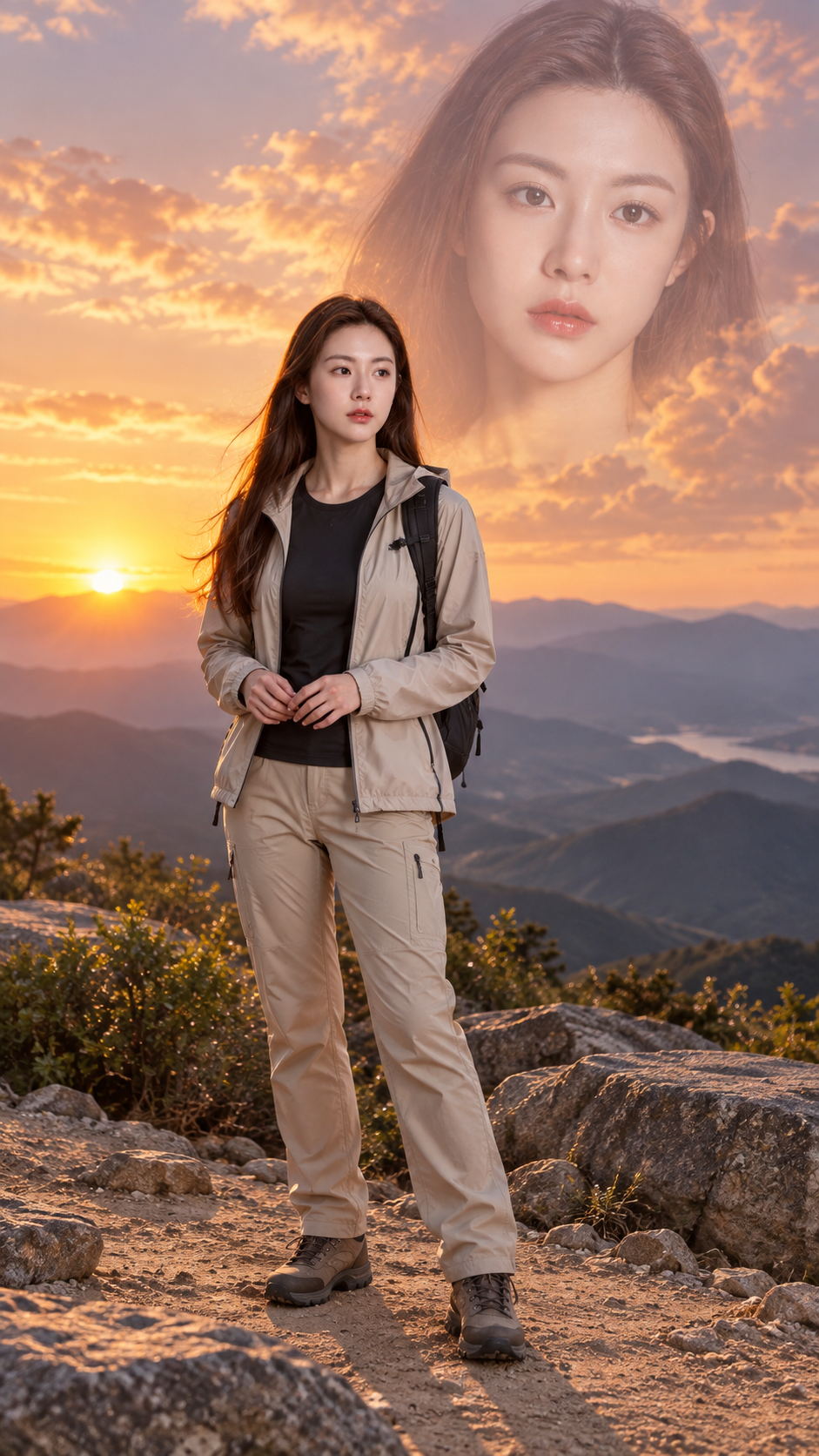 金色山景中的成年女性双重曝光旅行肖像 — AI image creation