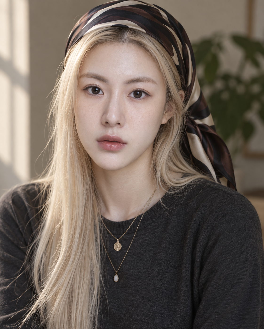 铂金长发与缎面头巾的成年女性近景肖像 — AI image creation