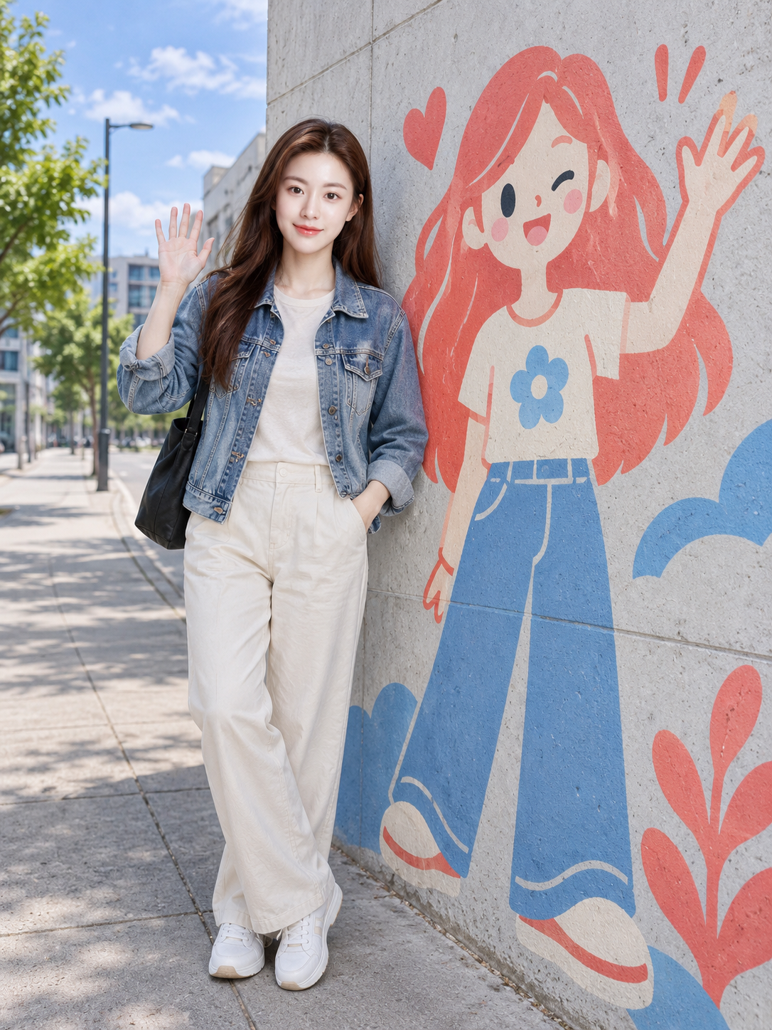 成年街头人像呼应原创动漫壁画姿势 — AI image creation