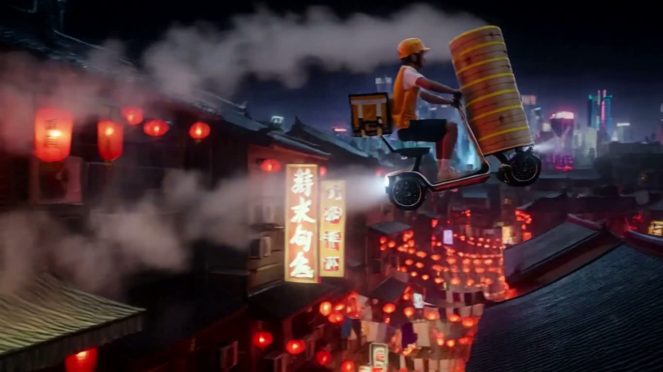 霓虹蒸笼快递屋顶追逐 — AI video creation